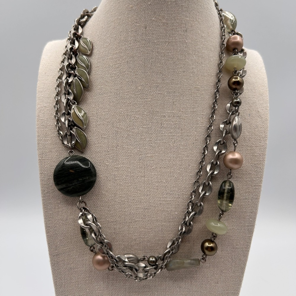 Lia Sophia Lush Necklace Silver tone Multi Strand Beaded Green Leaf Earthy Tones